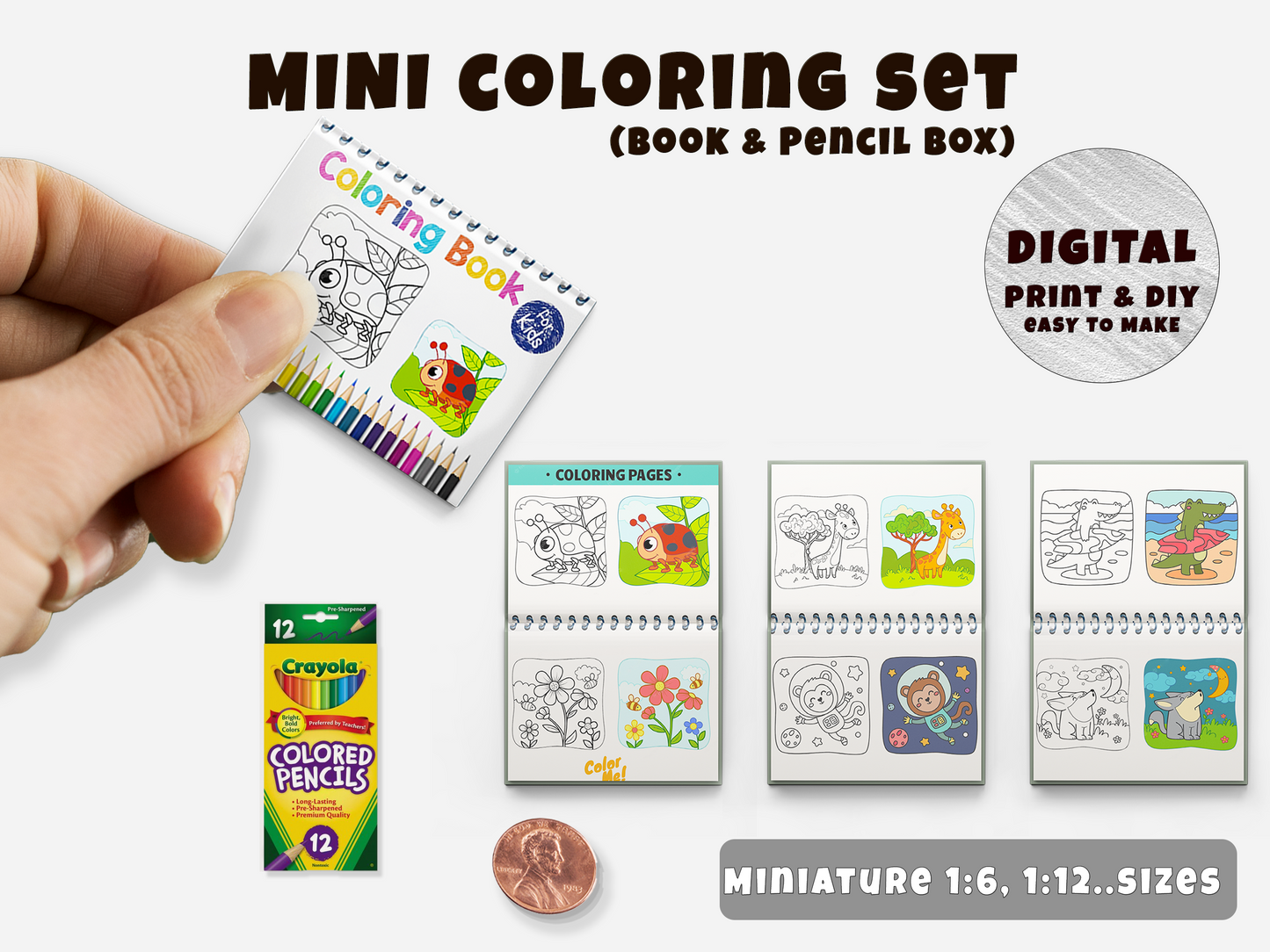 Mini Coloring Set - Box & Book with real pages Printable (1:6, 1:12)